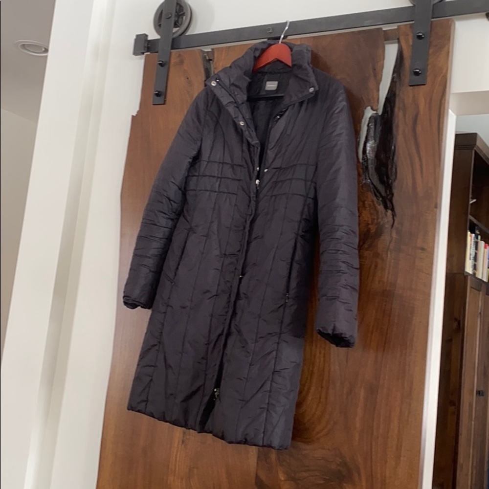 Black puffer jacket, hits at thigh